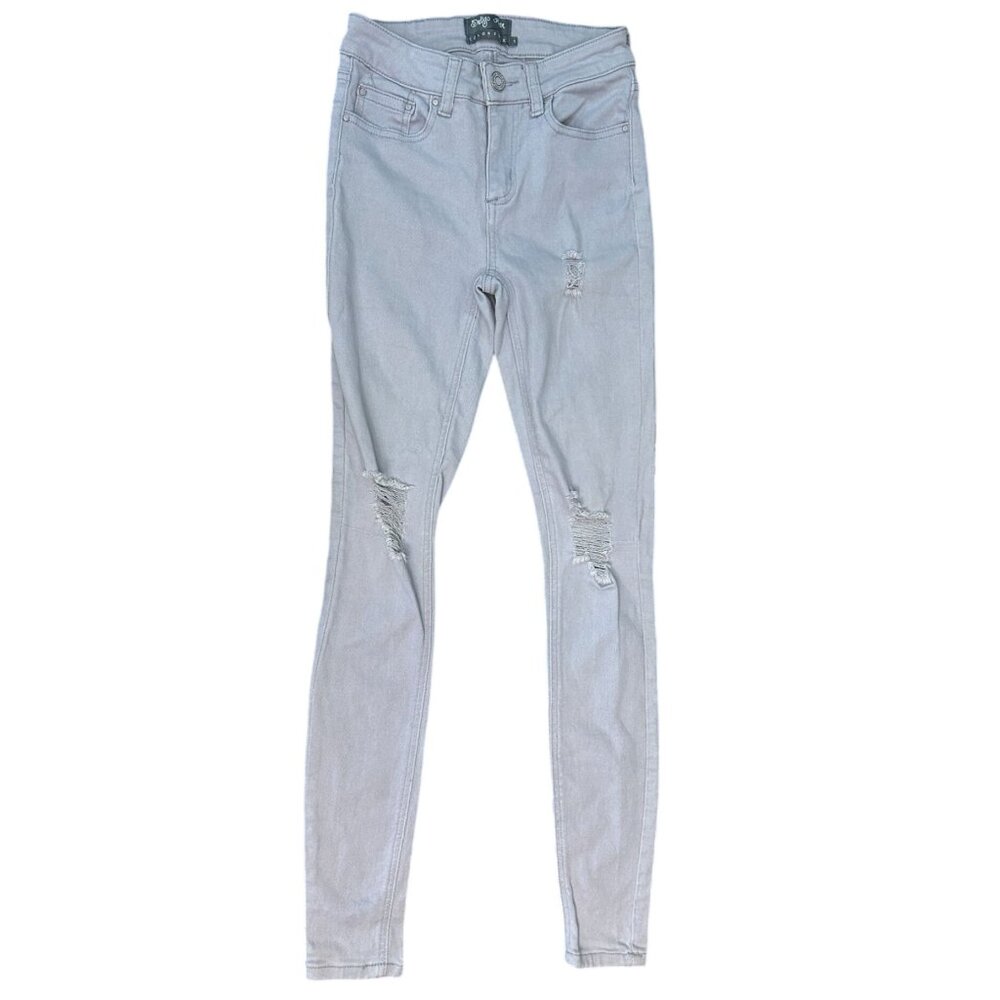 Indigo Rein Mid-Rise Ripped Skinny Jeans in Gray Wash Size 1‎